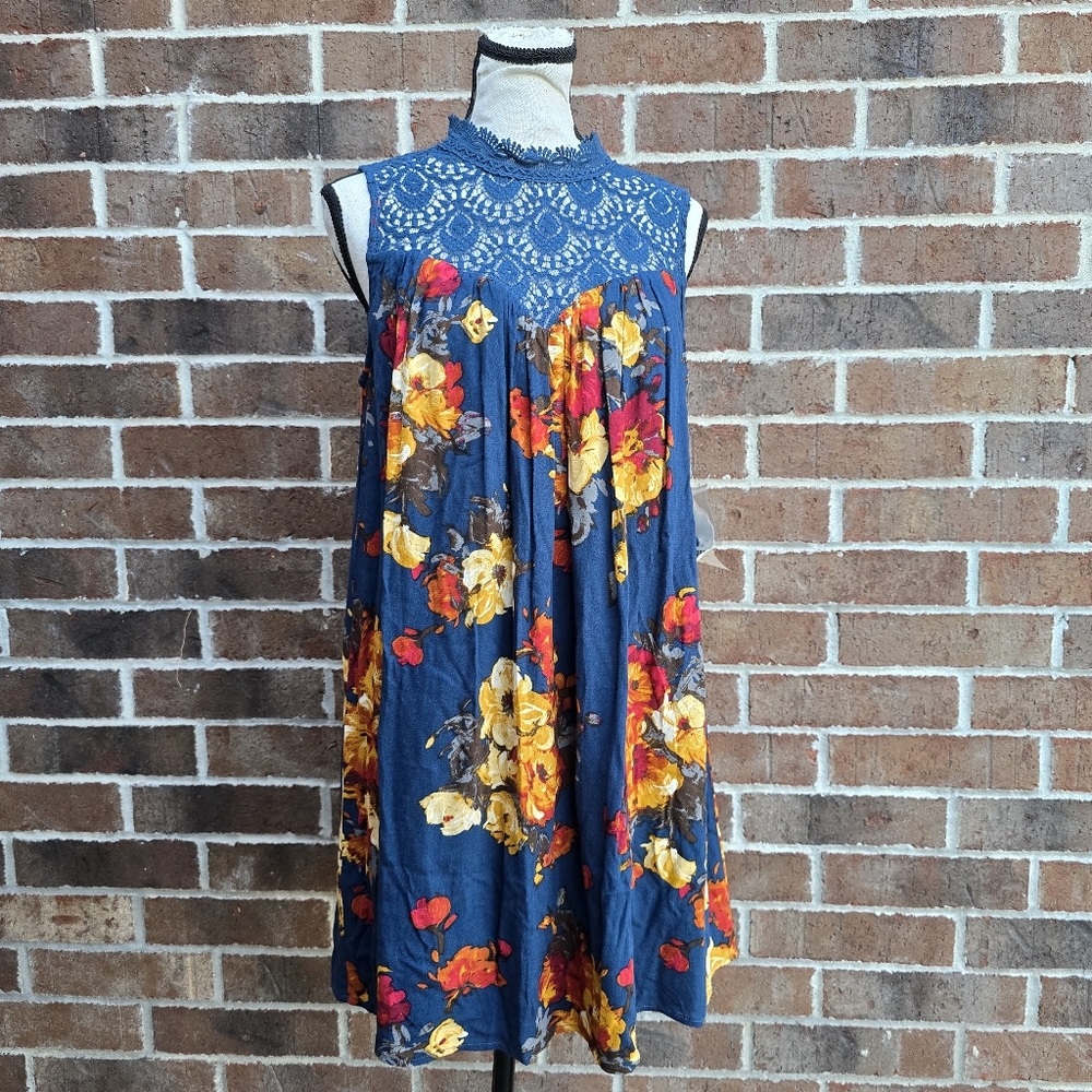 Altar'd State Women S Teal Floral Crochet High Neck Boho Sleeveless Swing Dress
